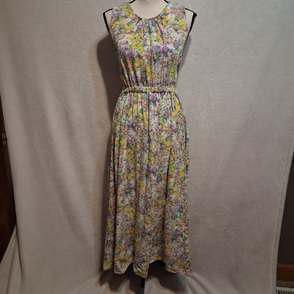White Closet 12 Dress Floral Maxi Cotton Linen Cutout Back Pastel Cottage Garden